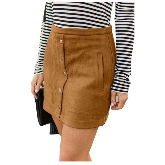 🌸3/$15🌸Cognac Medium Faux Suede Mini Skirt with Pockets and Gold Buttons - Picture 3 of 6